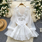 Boho 3D Floral Chiffon Sundress With Long Sleeves Lace Up Ruffle Detail