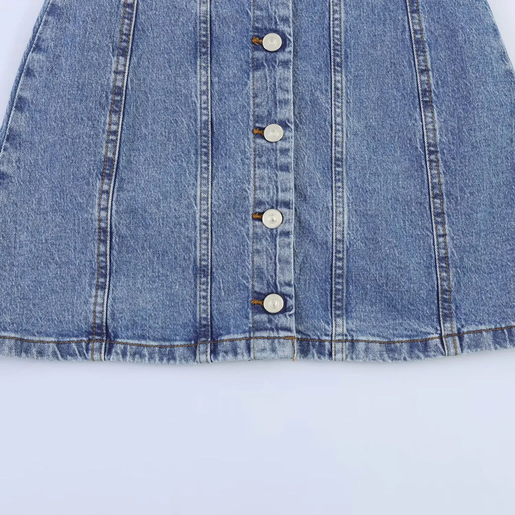 Casual Denim Mini Dress For Women Sleeveless Round Collar Single Breasted Slim Fit