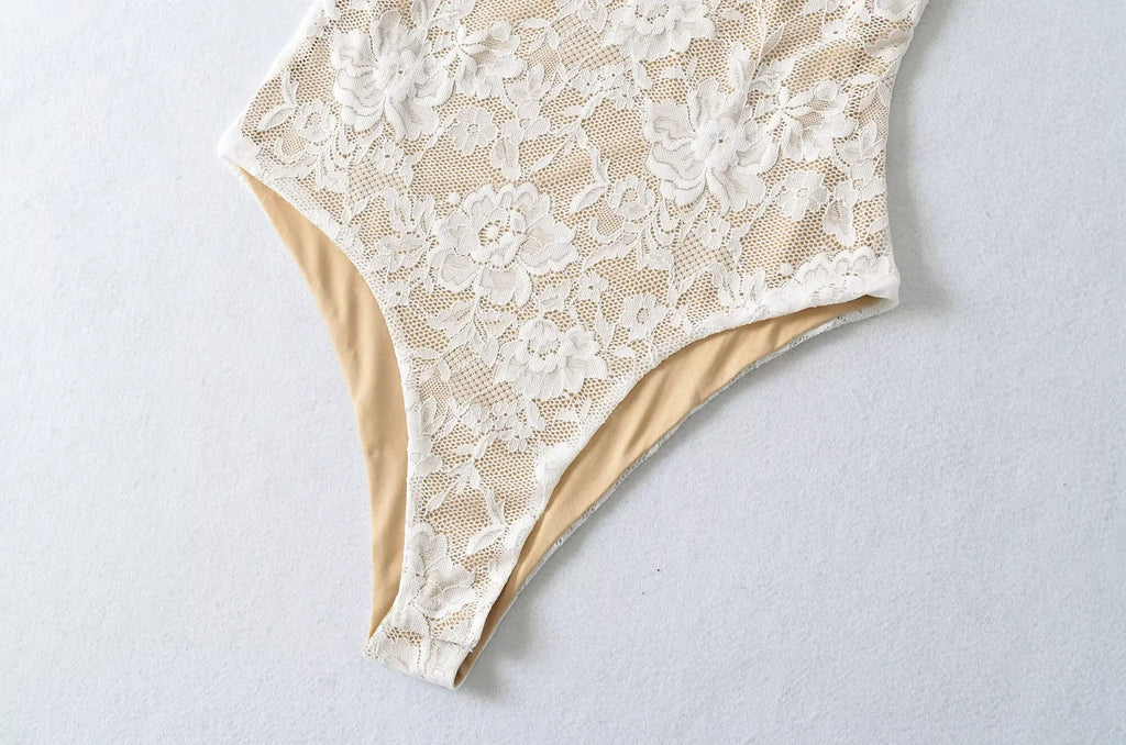 Sexy Lace See Through Bodysuit With Lining Elastic Spaghetti Straps Slim Fit