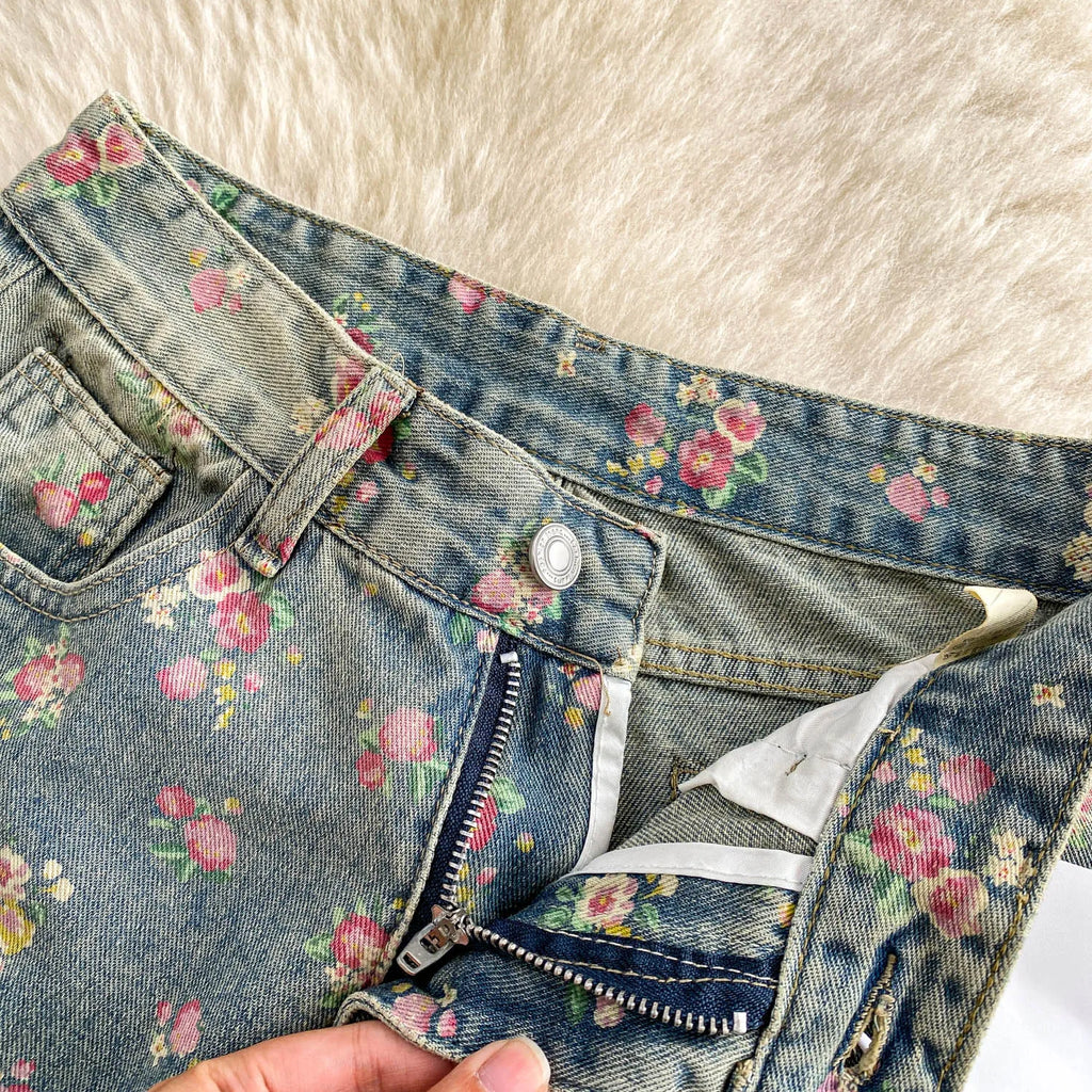 Floral Dream Denim Pants With Wide Leg Silhouette And High Waist