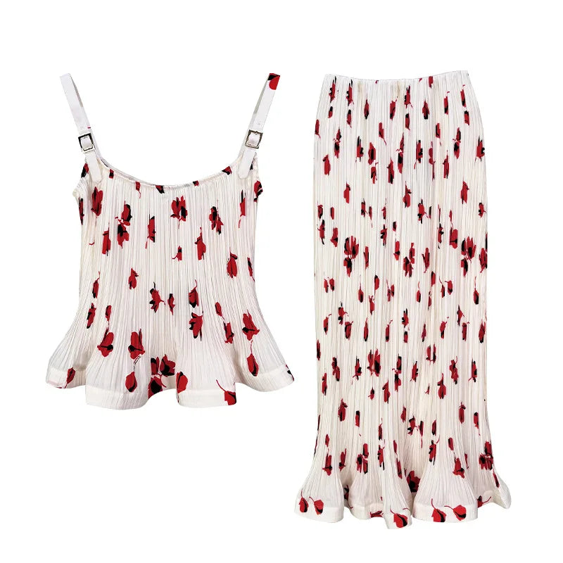 Pleated Red Print High Waist Midi Skirt And Sleeveless