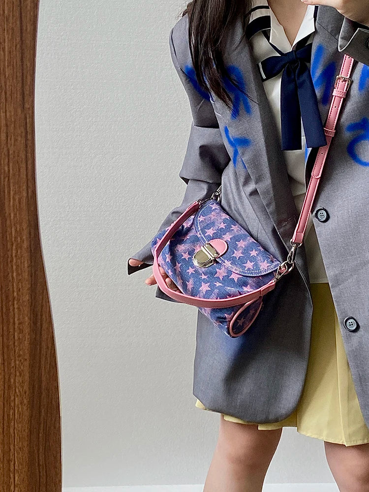 Contrast Color Star Print Crossbody Bag for Women Lightweight Shoulder Purse With Buckle