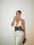 Polka Dot Backless Maxi Dress With Lace Patchwork Halter Neck Deep V Bodycon Evening Gown