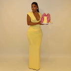 Sleeveless Ruched V Neck Bodycon Maxi Dress