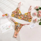 Floral Sheer Embroidery Lingerie Set With Underwire Push Up Bra And Panty Two Piece