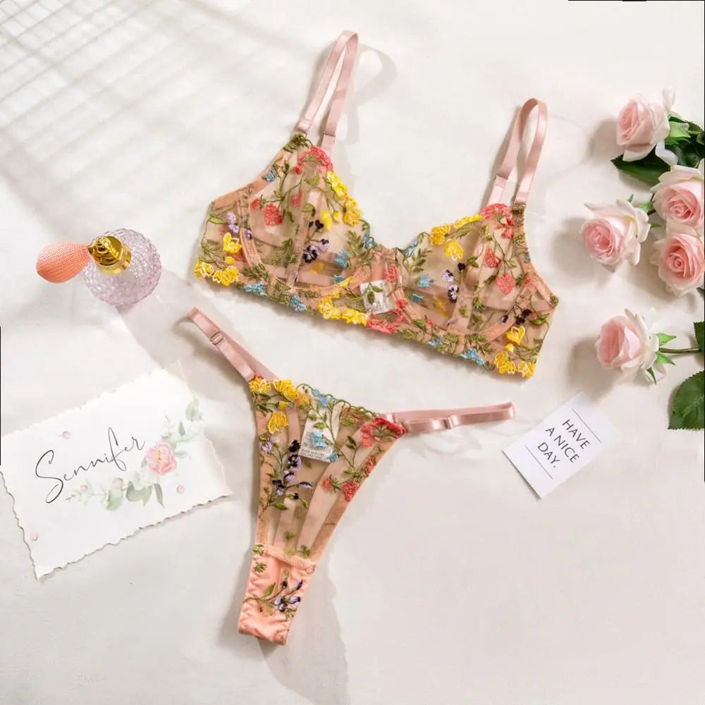 Floral Sheer Embroidery Lingerie Set With Underwire Push Up Bra And Panty Two Piece