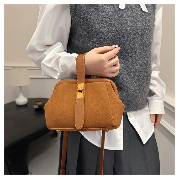 Luxe Faux Suede Frame Shoulder Bag With PU Accent Elegant Crossbody