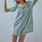 Lace Up Mini Jumpsuit Square Neck Denim Fringed Bubble Sleeve Bodysuit