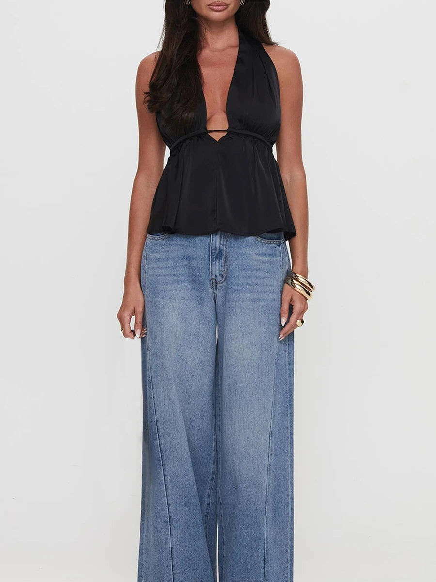 Halter Neck Crop Top With Tie Back Sleeveless Backless Camisole