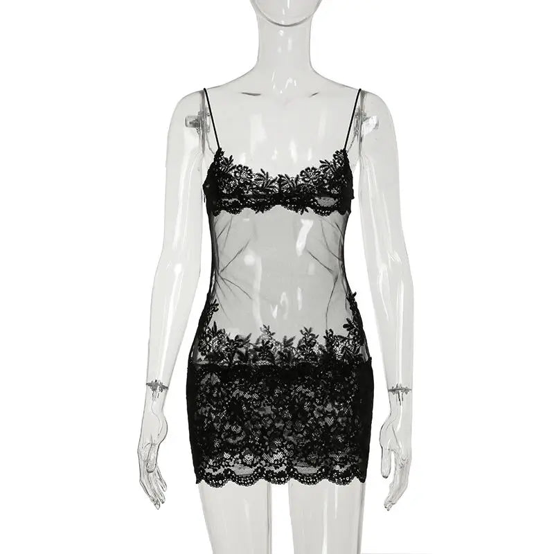 Sheer Lace Mesh Camisole Mini Dress