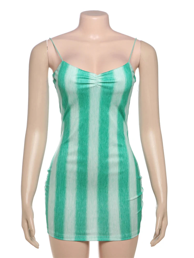 Striped Spaghetti Strap Dress With Pleated Backless Mini Bodycon