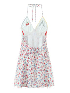 Women Fashion Sweet Floral Print Chic Halter Neck Cami Mini Y2K Embroidery Backless Dress