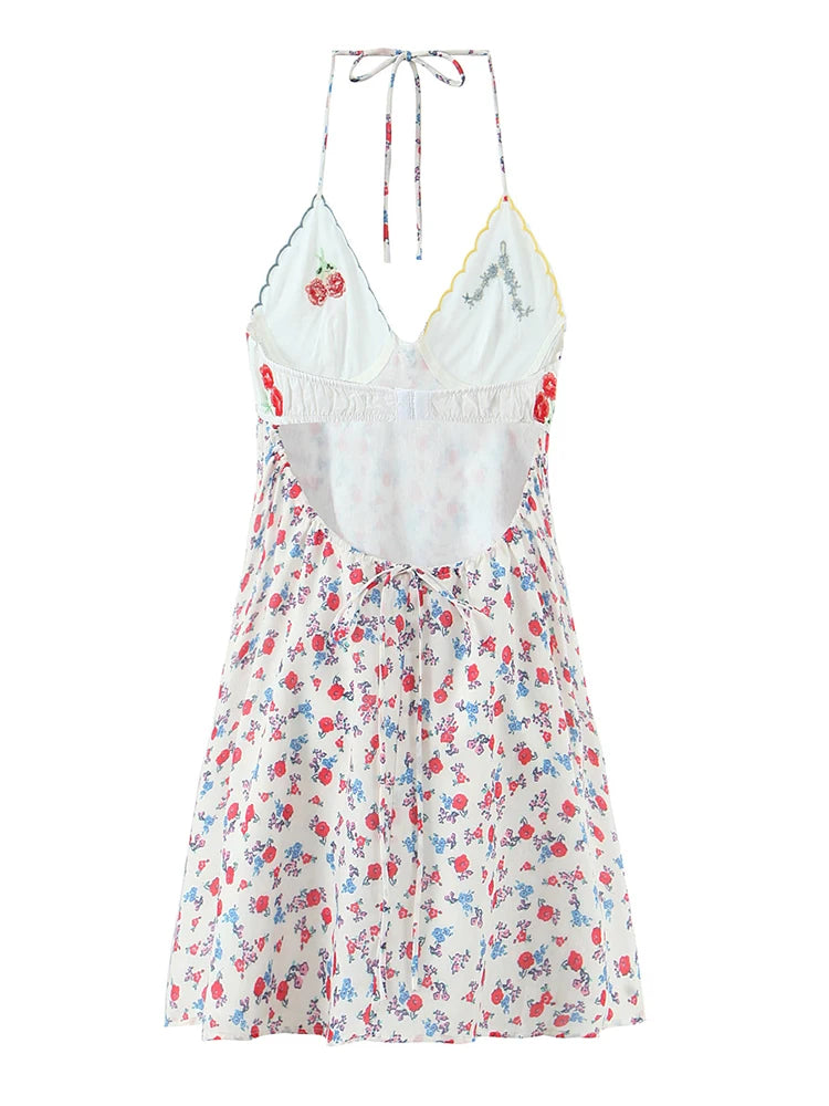 Women Fashion Sweet Floral Print Chic Halter Neck Cami Mini Y2K Embroidery Backless Dress