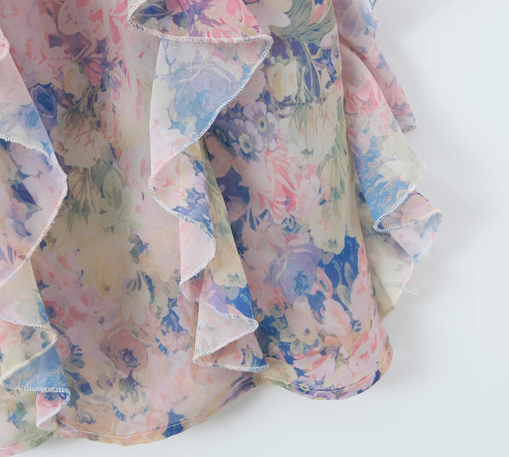Gradient Floral Ruffles Chiffon Dress With V Neck Backless
