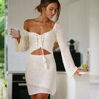 Knit Cutout Swim Cover Dress With V Neck And Lace Up Details Bell Sleeve