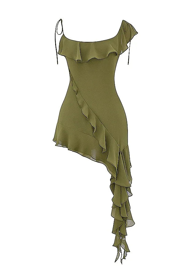 French Vintage Flounce Strap Dress with Irregular Bottom Hem Ribbon