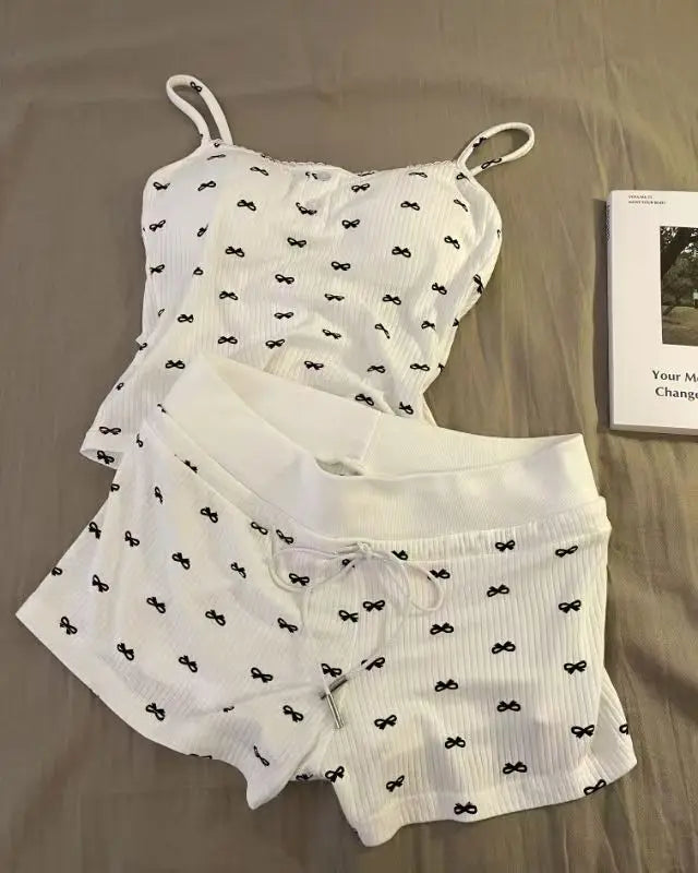 Bow Pajamas Set For Women Two Piece Summer Sleepwear With Tank Top And Shorts Lounge Ensemble