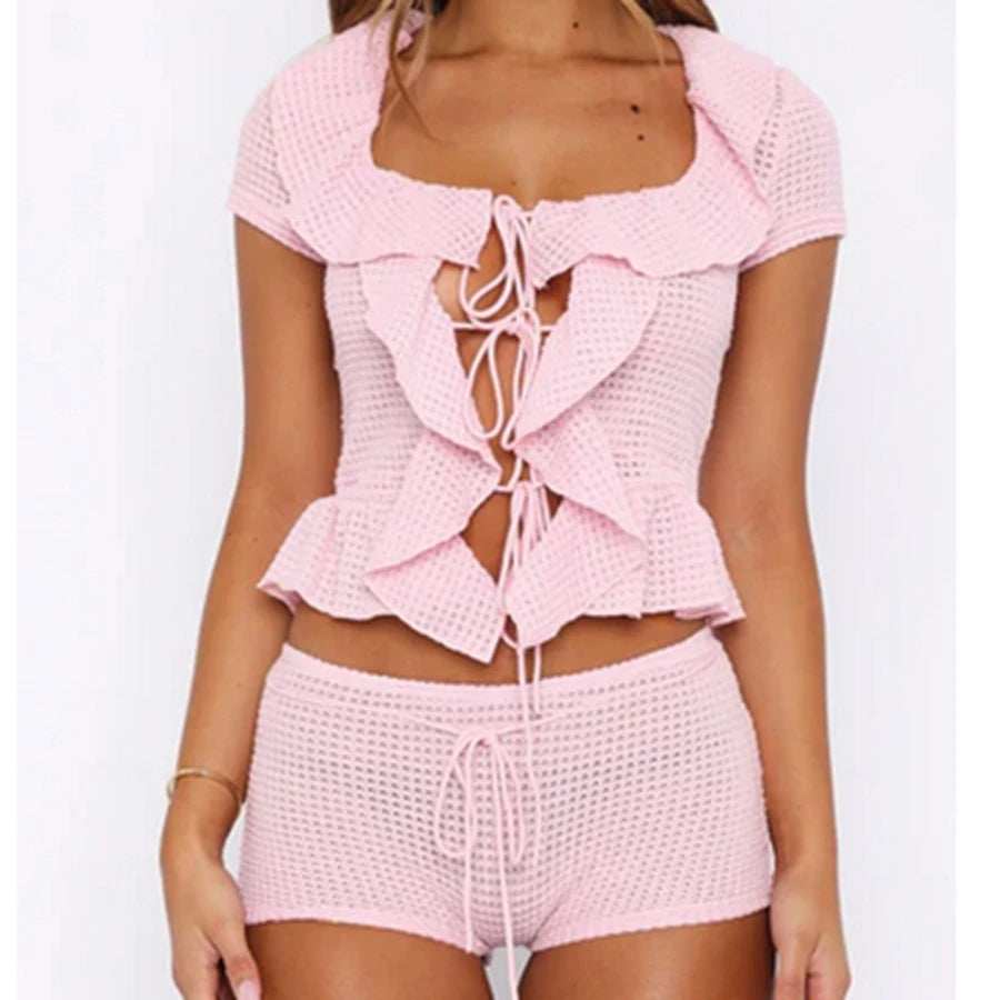 Women Hollow Shorts Outfits Solid Color Ruffles Tie-Up Front Short Sleeve Crochet Tops Shorts 2 Pieces  Set