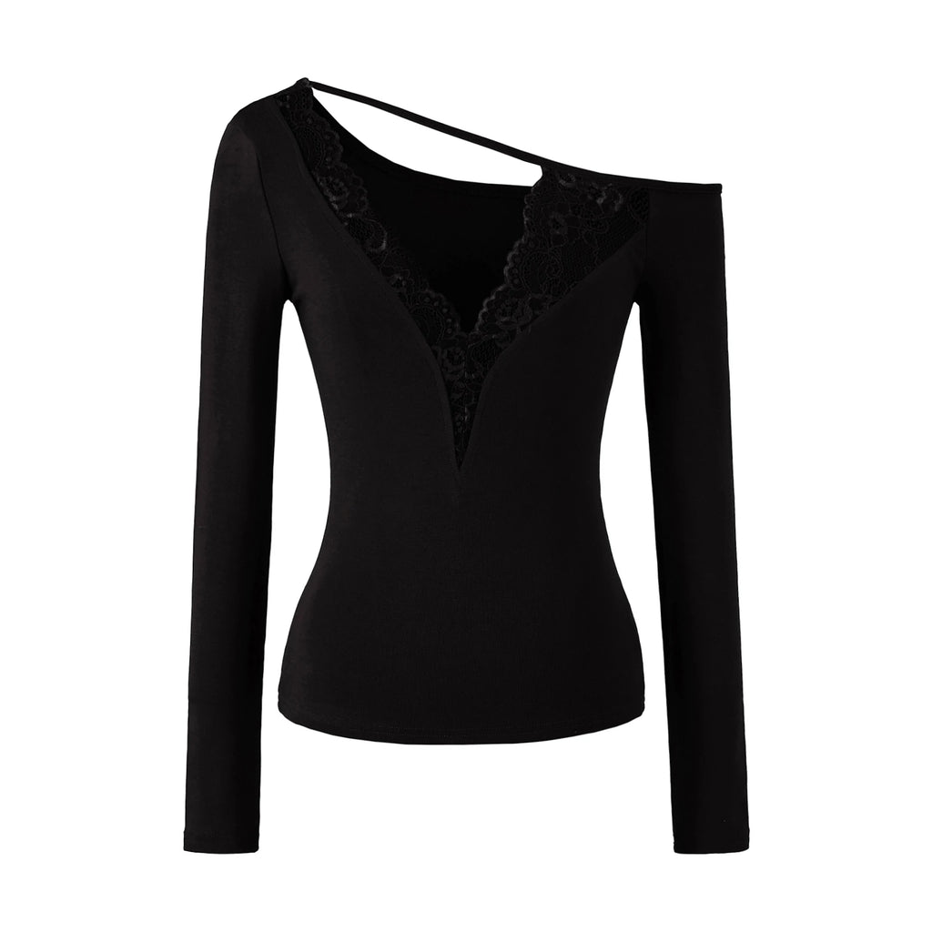 Lace Splice Long Sleeve Vneck Top For Night Out Chic