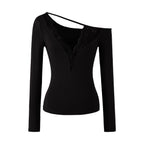 Lace Splice Long Sleeve Vneck Top For Night Out Chic