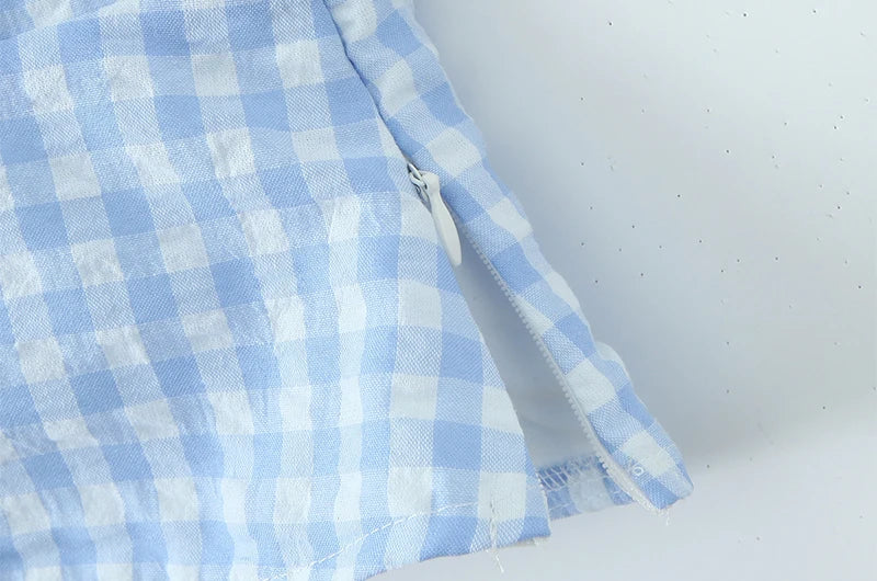 Women New Fashion Sweet Plaid Chic Lace Patchwork French Square Collar Backless Top