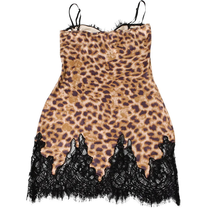 Leopard Patchwork Lace Mini Dress With Spaghetti Straps High Waist