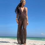 Beaded High Waist Pants With Sequin Embellishment