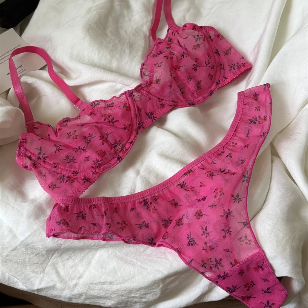French Ultra Thin Lace Floral Lingerie Set With Plunge Mesh Bra And Matching Thong