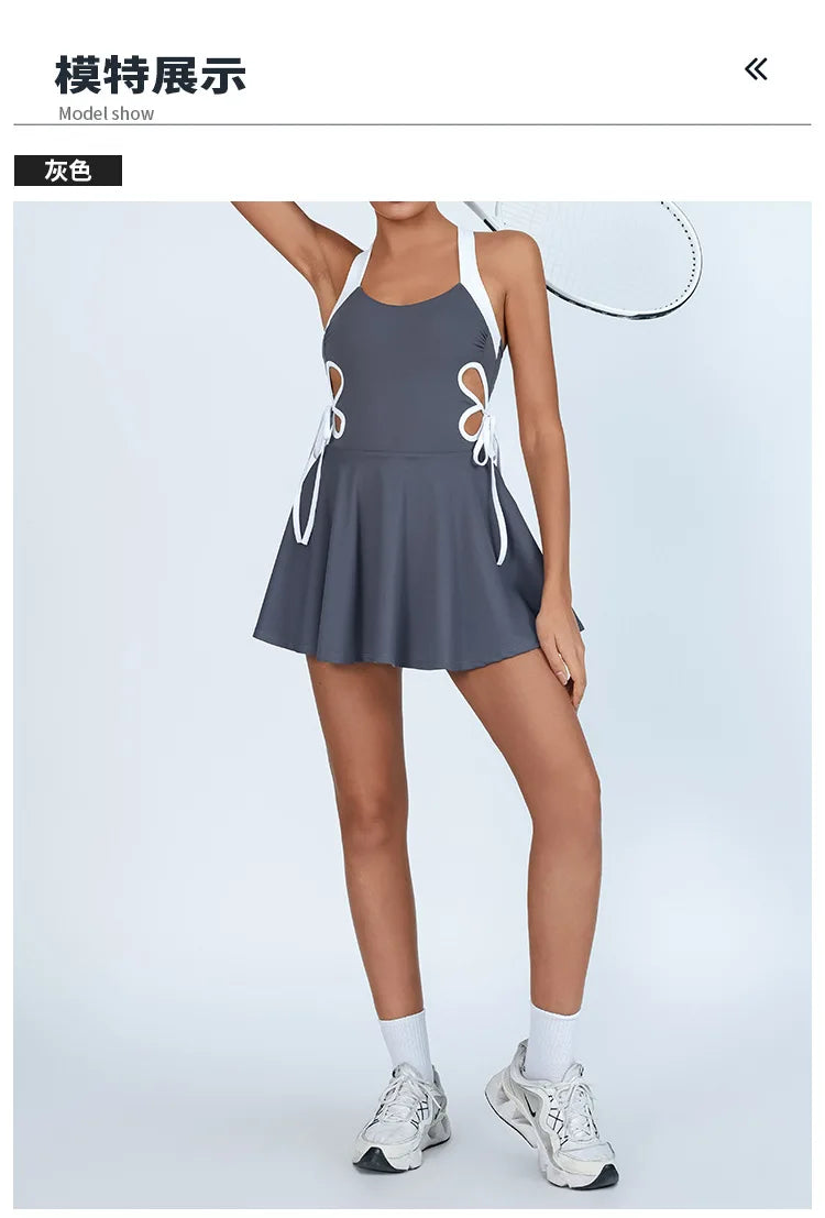 Tennis Dress Women with Separate Shorts White Contrast Hollowed Out Drawstring Side Sports Yoga Dress Training Running Fitness