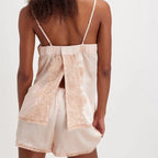 Silky Satin Pajama Set With Lace Tie Cami Top And Shorts Two Piece Boho Vintage Sleepwear