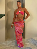 Two Piece Halter Top And Hollow Slash Maxi Skirt Set