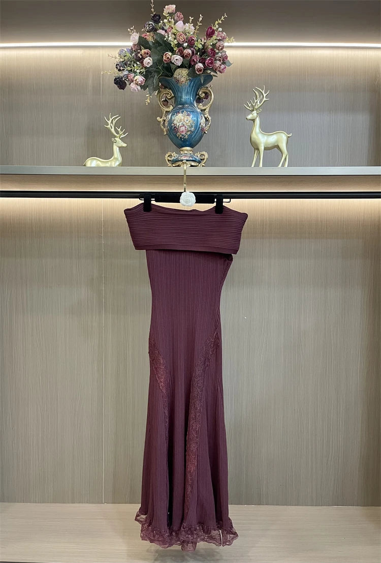Chic Off-Shoulder Lace Dress And Knit Midi Set
