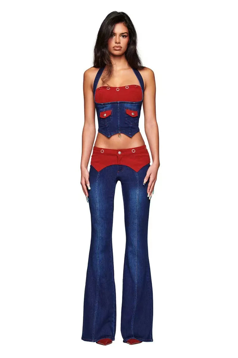L Corduroy Panel Denim Halter Bustier Top + Flare Jeans
