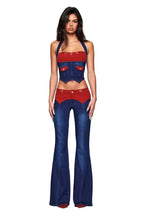 L Corduroy Panel Denim Halter Bustier Top + Flare Jeans