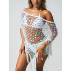 Crochet Beach Cover Up For Women Lightweight Triangle Tassel Hem Sequins Off Shoulder Poncho