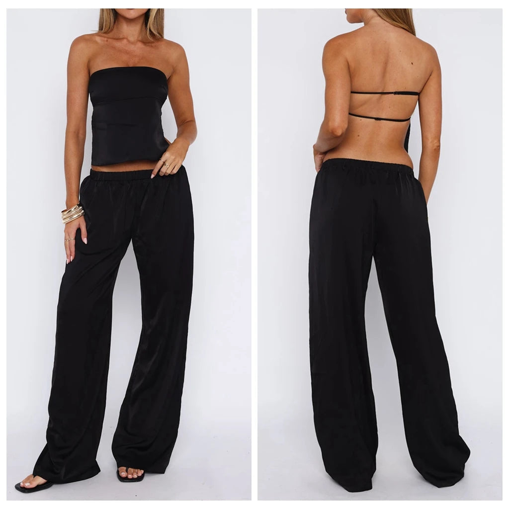 Elegant Satin Strapless Backless Crop Top And Elastic Waist Pants Set For Women