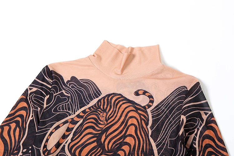 Tiger Print Sheer Long Sleeve Top With High Neck And Slits Street Style