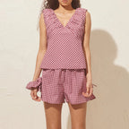 Plaid Off Shoulder Top And Bow Waist Shorts Two Piece Set With Pockets