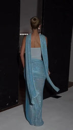 Sequins Off Shoulder Dress With Cinched Waist Sheer Ribbon Pleated Long Sleeves Glam
