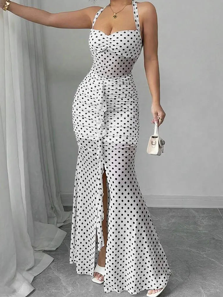 White Polka Dot Chiffon Backless Strapless Dress With Empire Waist