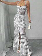 White Polka Dot Chiffon Backless Strapless Dress With Empire Waist