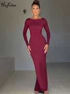 Elegant Backless Long Sleeve Maxi Dress With Bodycon Fit