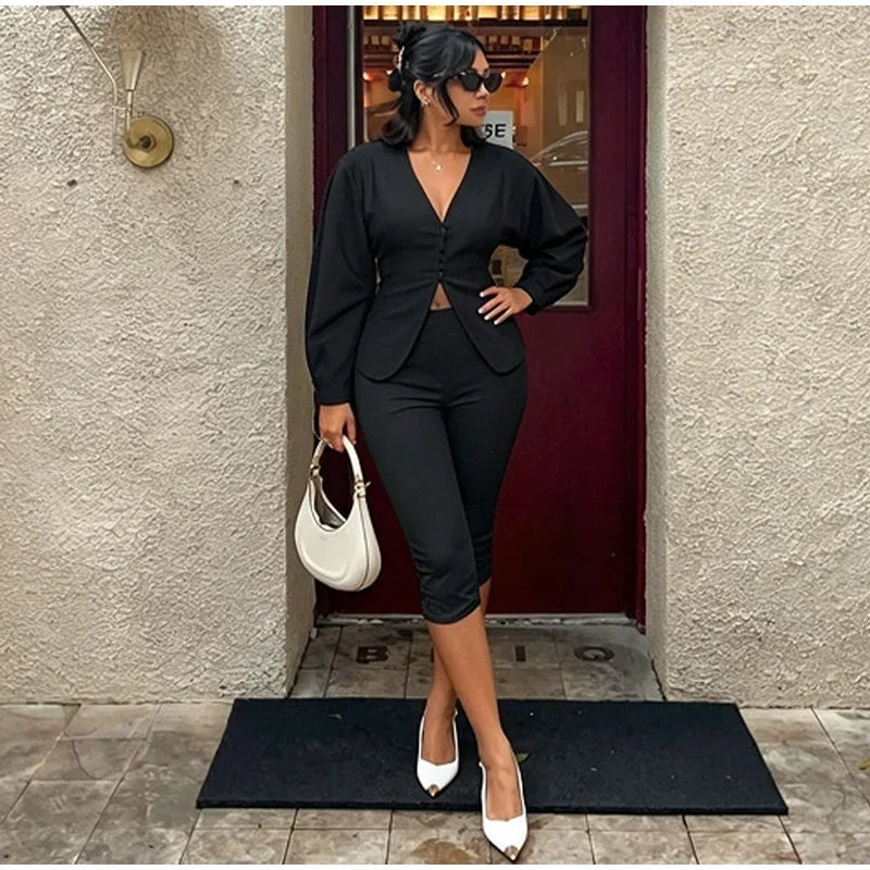 Sleek Blazer Capri Set For Women V Neck Jacket With Matching Pants