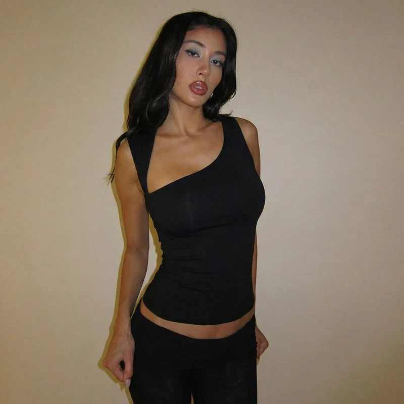 Irregular Neckline Sleeveless Tank Top For Women Slim Fit