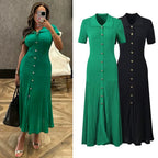 Vintage Inspired Turn Down Collar Knit Maxi Shirt Dress