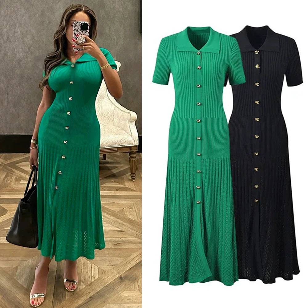 Vintage Inspired Turn Down Collar Knit Maxi Shirt Dress