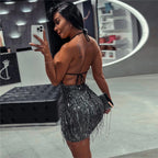 Gleaming Halter Neck Backless Sequin Tassel Party Dress
