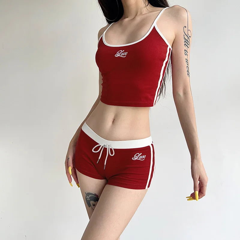 Embroidery Letter Contrast Set With Backless Camisole Top And Drawstring Elastic Shorts
