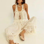 Boho Vintage Two Piece Set Tie Front Lace Trim Tank Top And Drawstring Pants