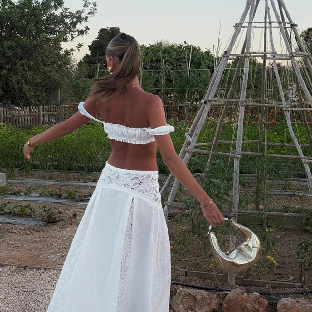 Boho 2 Piece Outfits Y2k Vintage Lace Square Neck Tie Up Ruched Crop Tank Top + Maxi Skirt Set